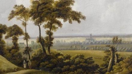 Painting of a green landscape with two figures walking in the foreground, and a distant church building