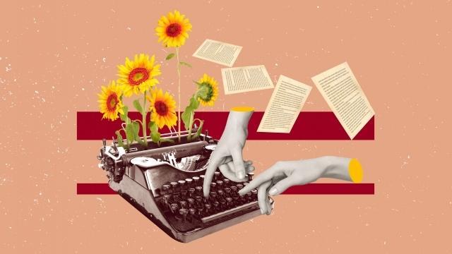 hands typing on an old typewriter. There are sunflowers growing from the typewriter in place of pages.
